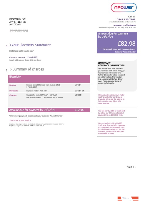 United Kingdom Npower business utility bill, Word and PDF template PSD template